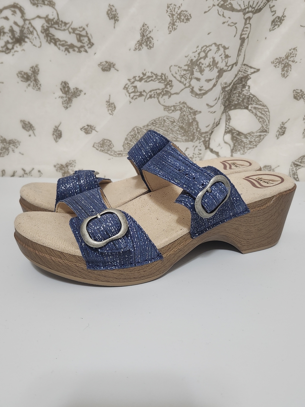 Dansko Sophie slide sandals textured blue denim finish Sz 41 US 10.5/11